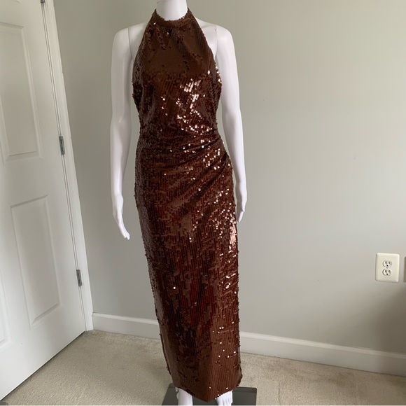 RONNY KOBO Alix Sequined Halter Gown Brown - Picture 9 of 16